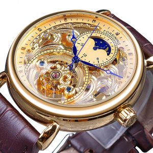 Forsining Men Transparent Design Mechanical Watch Automatic Silver Square Golden Gear Skeleton Stainless Steel Belts Clock Saati