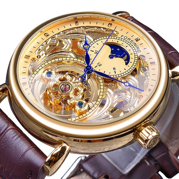 Forsining Men Transparent Design Mechanical Watch Automatic Silver Square Golden Gear Skeleton Stainless Steel Belts Clock Saati