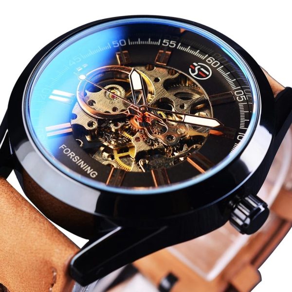 Forsining Blue Light Glass Mens Casual Sport Watch Leather Military Automatic Men Mechanical Wrist Watch Skeleton Luminous Clock
