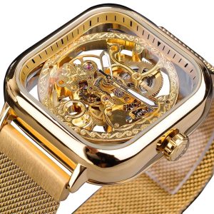 Forsining Golden Men Automatic Watch Square Skeleton Mesh Steel Band Mechanical Business Clock Relogio Masculino Erkek Kol Saati