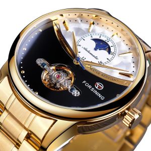 Forsining Men Watch Automatic Golden Sun Moon Phase Steel Band Tourbillon Black White Face Business Mechanical Reloj Hombre 2019