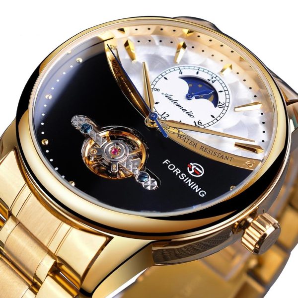Forsining Men Watch Automatic Golden Sun Moon Phase Steel Band Tourbillon Black White Face Business Mechanical Reloj Hombre 2019