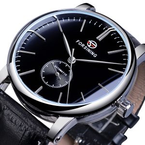 Forsining Minimalist Men's Mechanical Watch Black Slim Dial Automatic Casual Genuine Leather Clock Male Wristwatch Relogio Saati