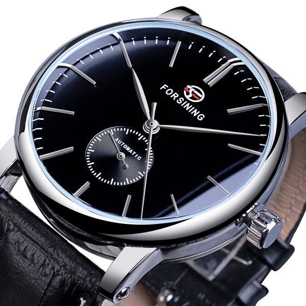 Forsining Minimalist Men's Mechanical Watch Black Slim Dial Automatic Casual Genuine Leather Clock Male Wristwatch Relogio Saati